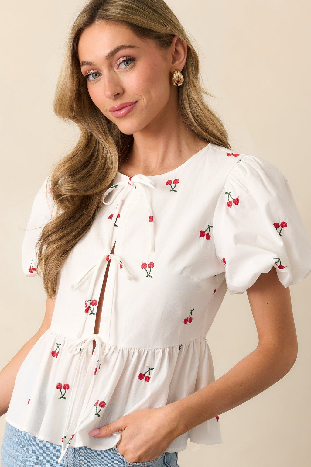 Pucker Up White Cotton Cherry Embroidered Peplum Top