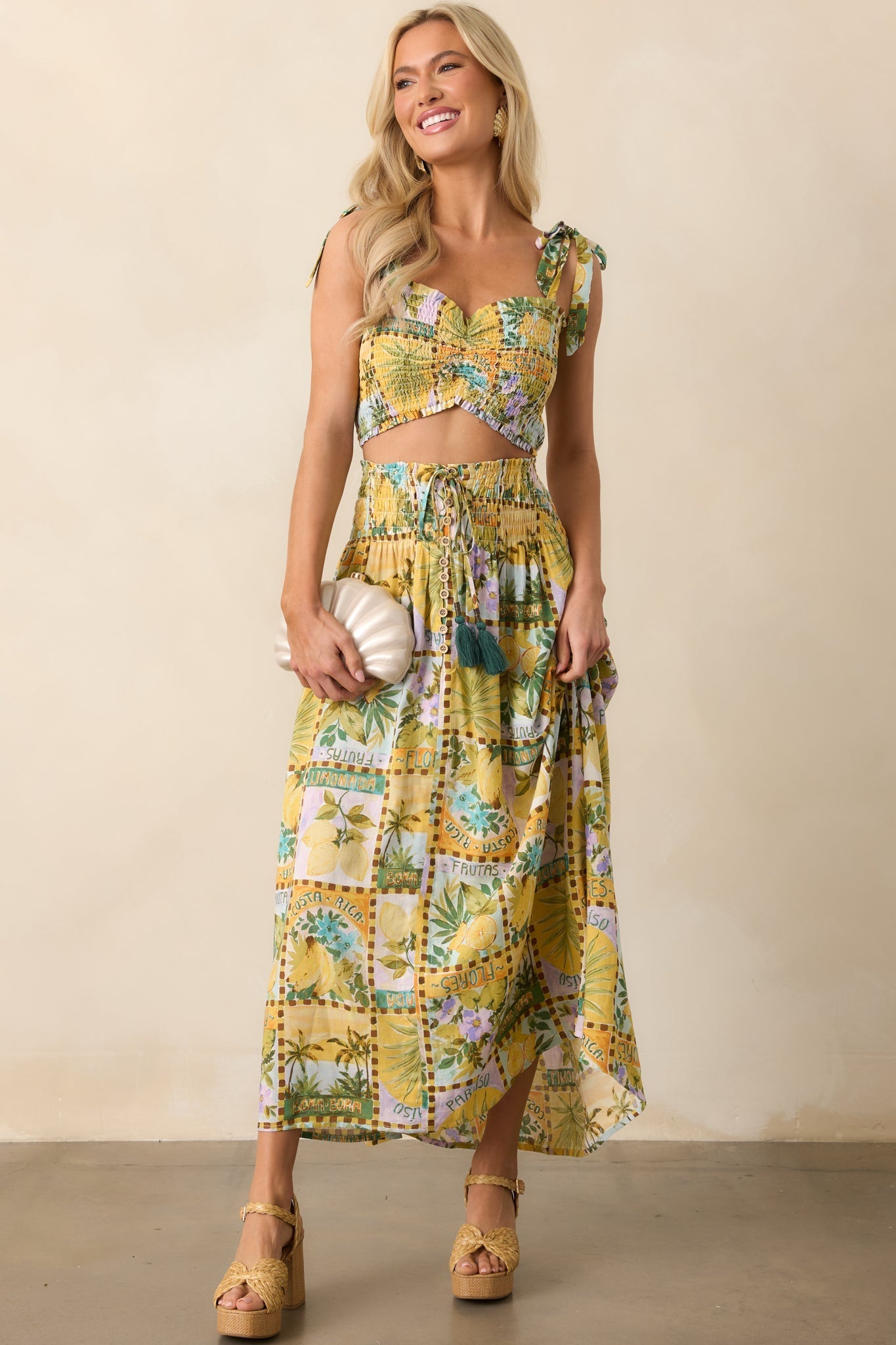 Shore Thing Green Tropical Print Smocked Crop Top
