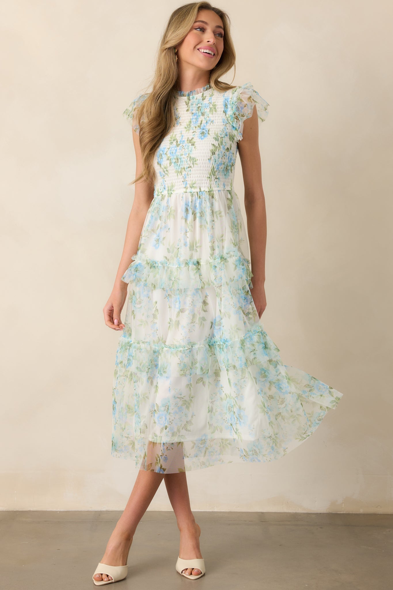 Sunrise Soiree Blue Floral Flutter Sleeve Midi Dress