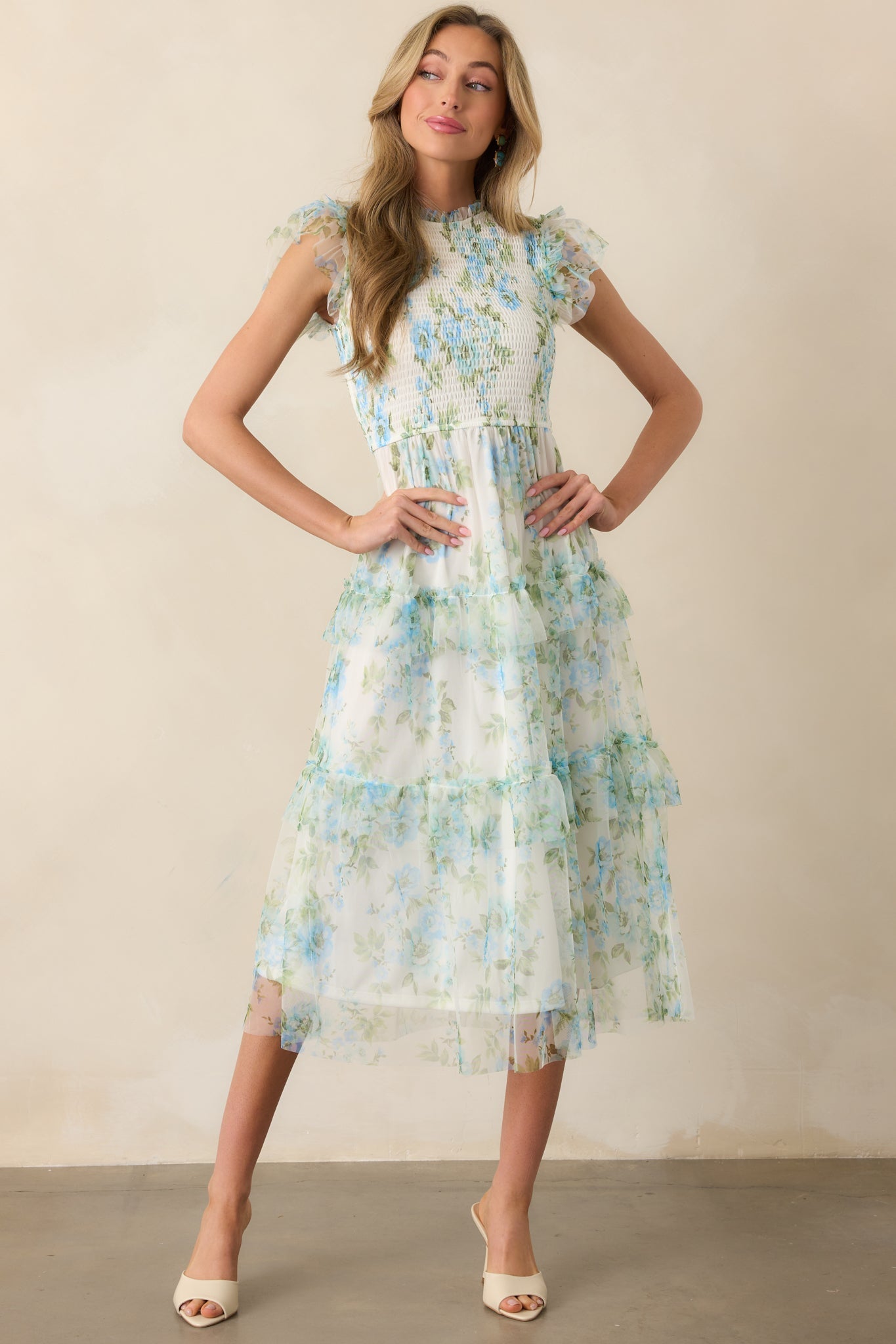 Sunrise Soiree Blue Floral Flutter Sleeve Midi Dress