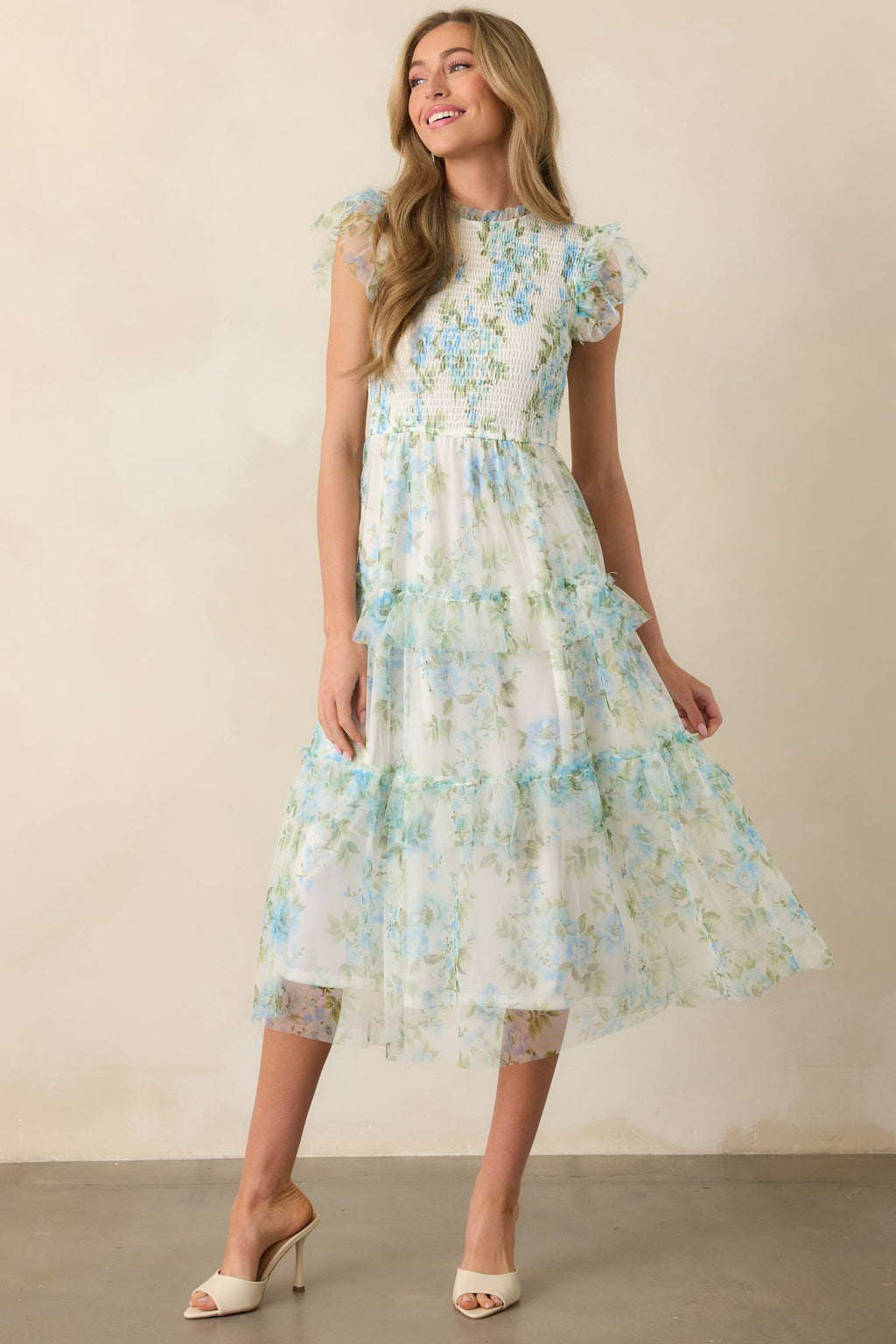 Sunrise Soiree Blue Floral Flutter Sleeve Midi Dress