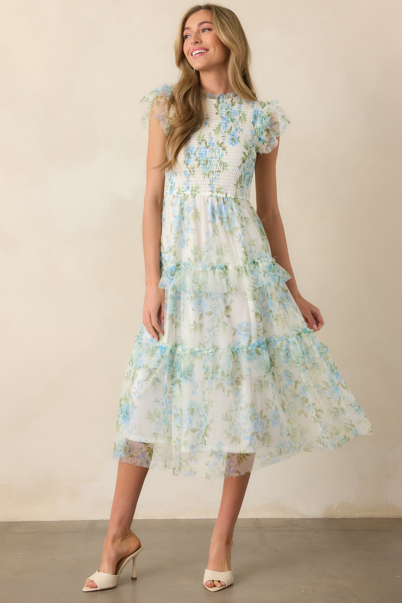 Sunrise Soiree Blue Floral Flutter Sleeve Midi Dress