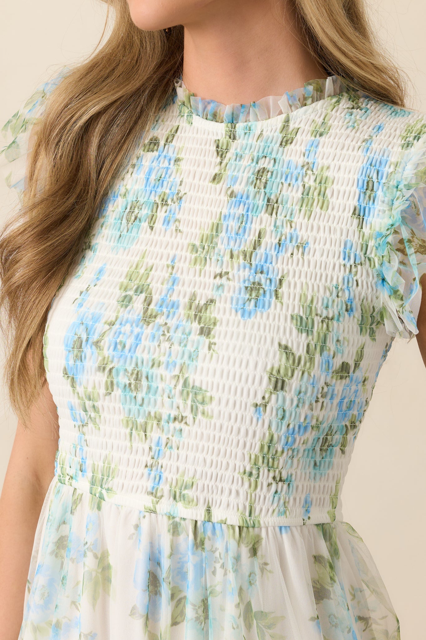 Sunrise Soiree Blue Floral Flutter Sleeve Midi Dress