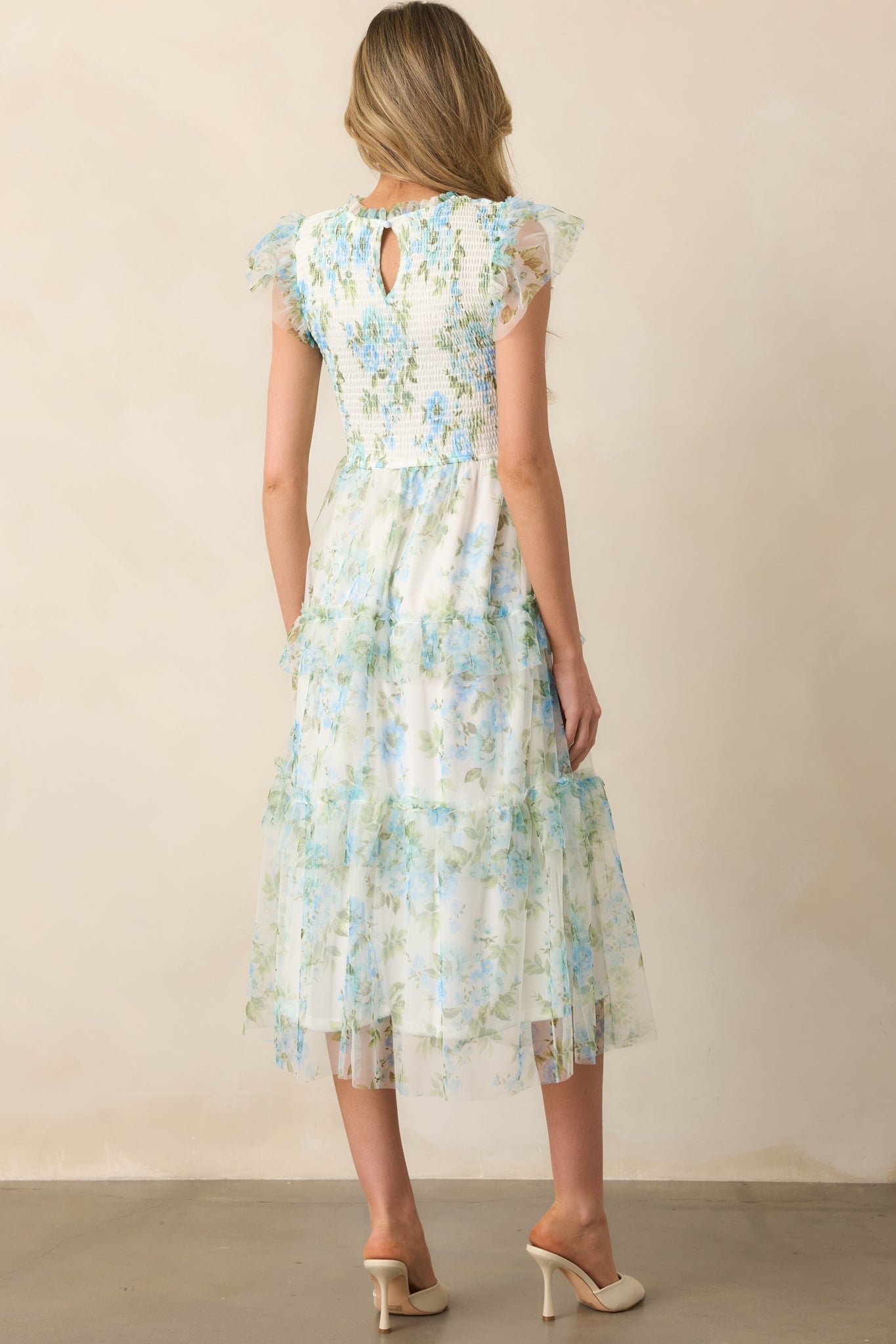 Sunrise Soiree Blue Floral Flutter Sleeve Midi Dress