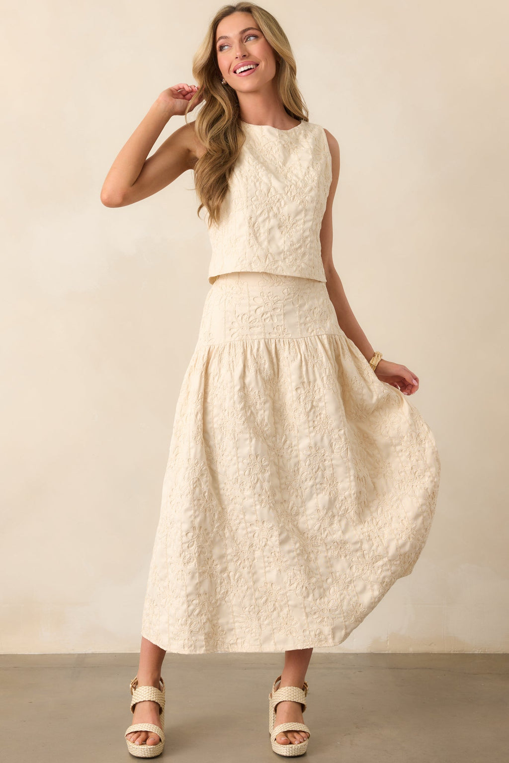 Evening Delights Beige Floral Embroidered Midi Skirt