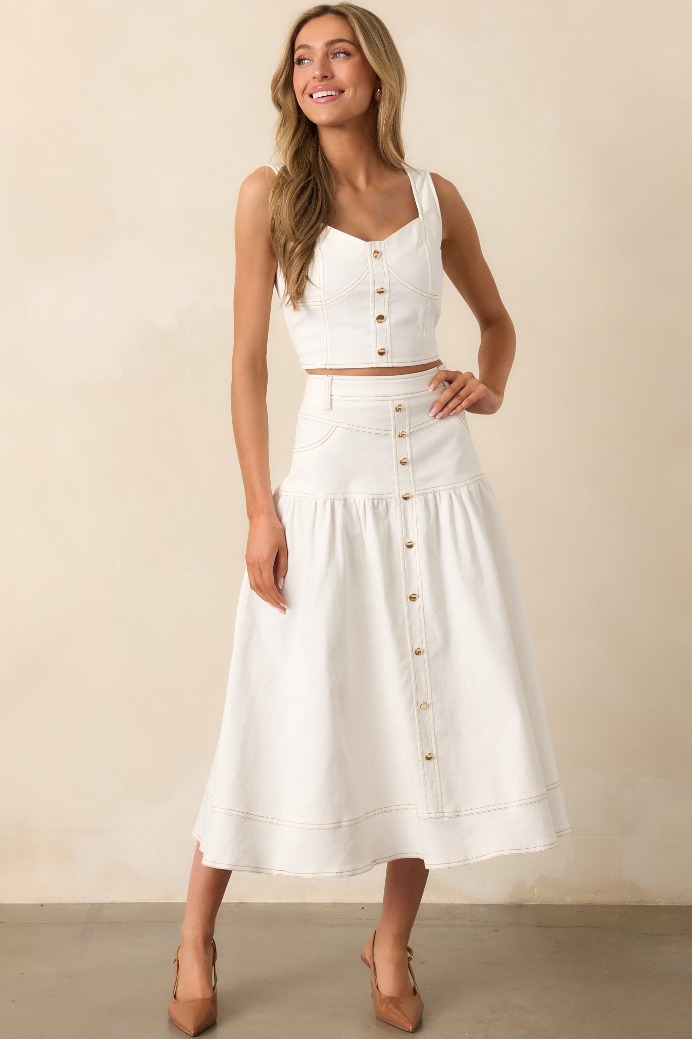 For The Record White Denim Button Front Crop Top