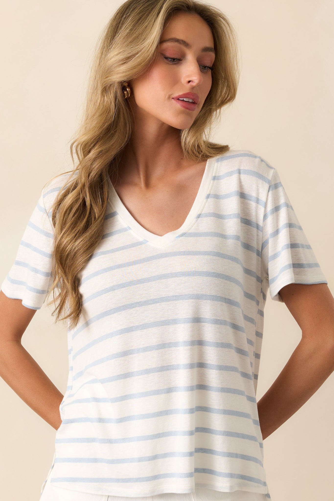 Comfort Zone Light Blue Stripe Short Sleeve V-Neck Tee