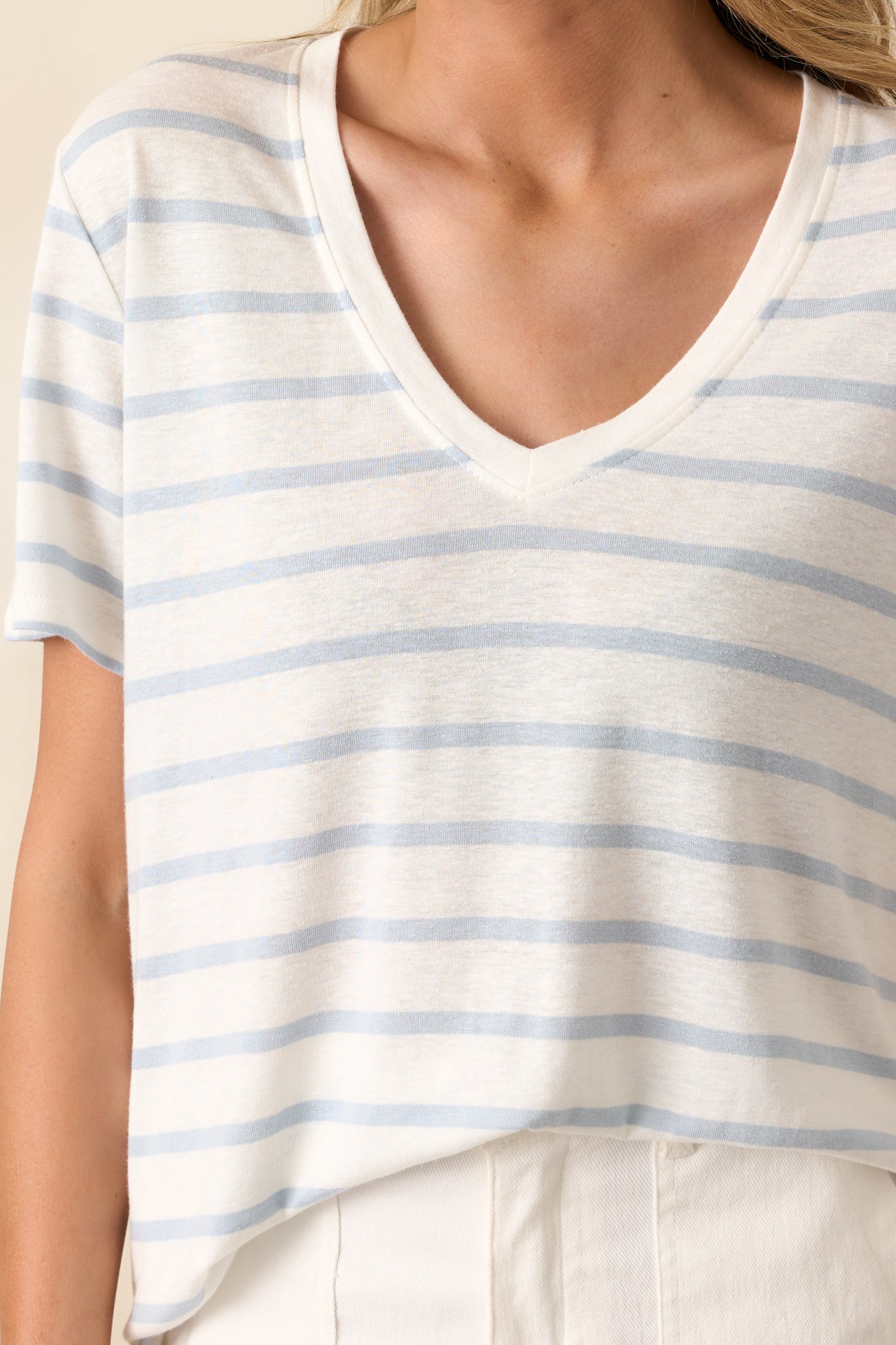 Comfort Zone Light Blue Stripe Short Sleeve V-Neck Tee