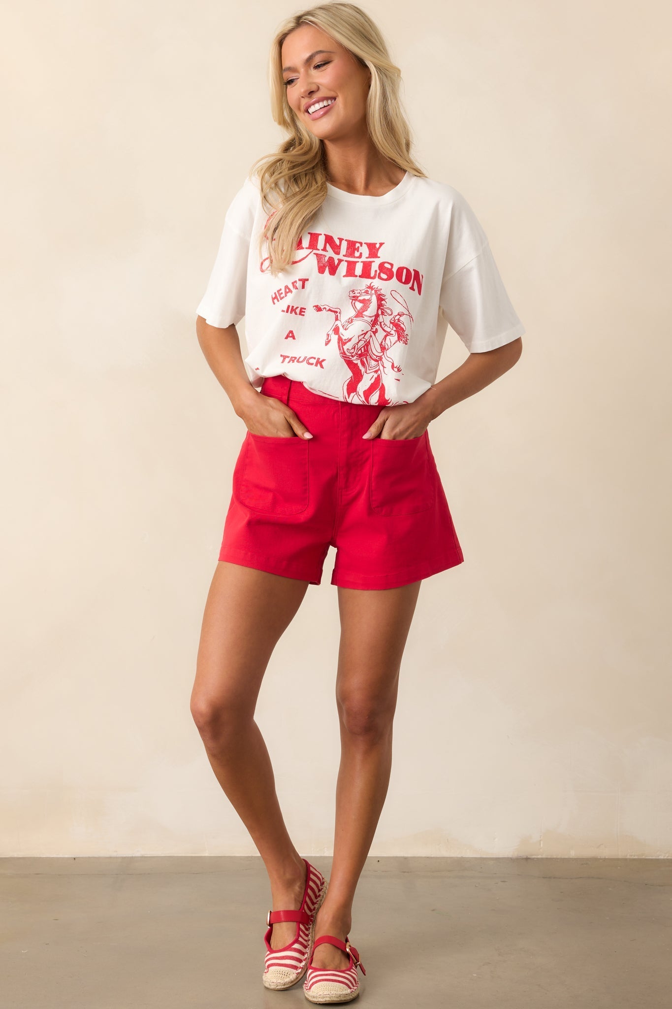 For The Moment Red High Waisted Patch Pocket Shorts