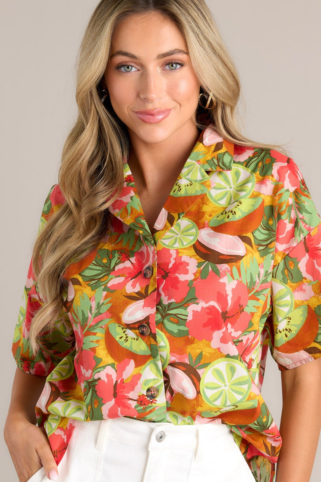 Lush Lime Oasis Dark Coral Tropical Print Top