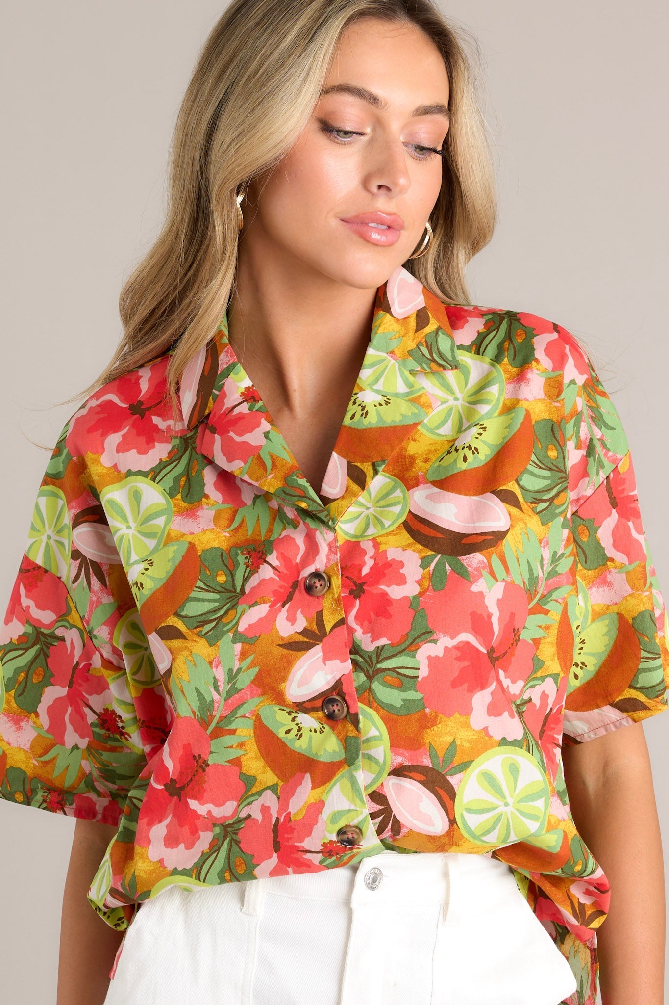 Lush Lime Oasis Dark Coral Tropical Print Top