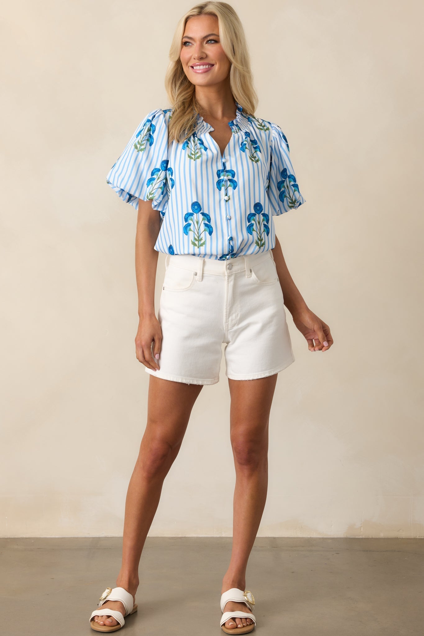 Poppy Fields Blue Button Front Puff Sleeve Top