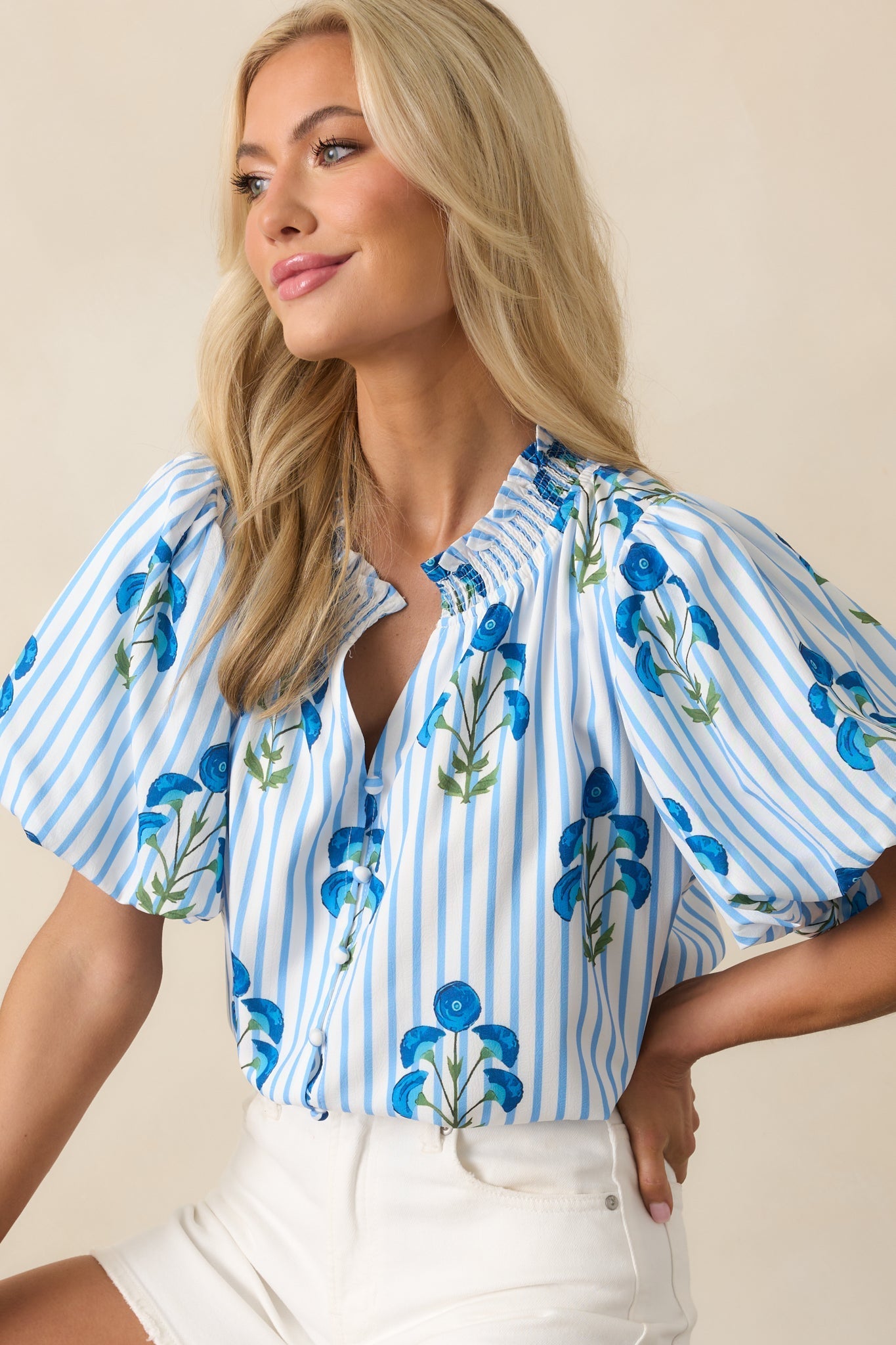 Poppy Fields Blue Button Front Puff Sleeve Top