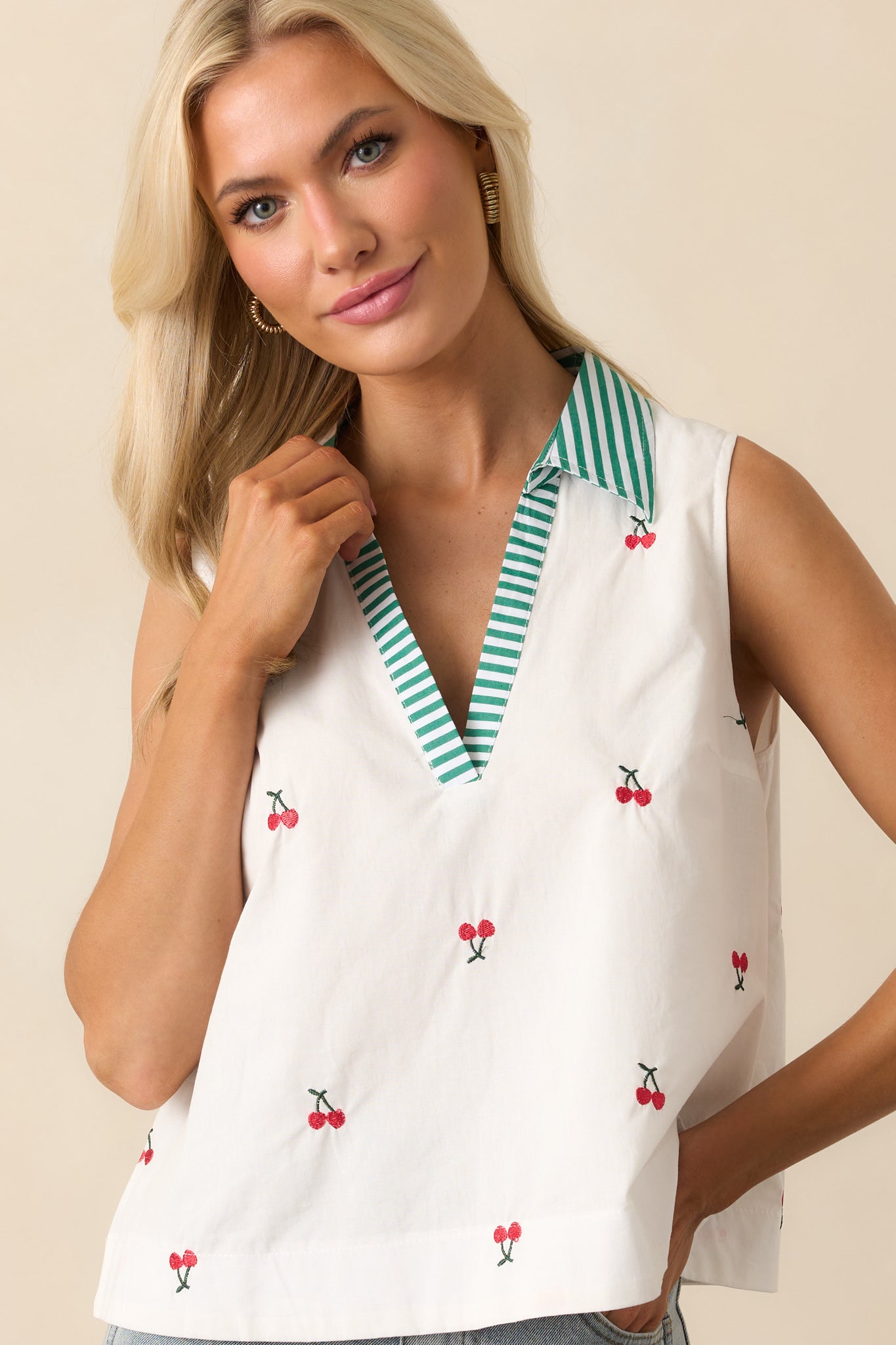 Summer Breeze Cotton Ivory Cherry Sleeveless Blouse