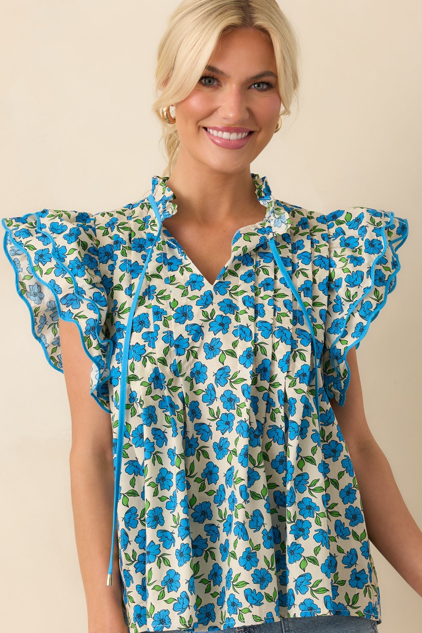 Window Shopping Blue Floral Cotton Flutter Sleeve Top