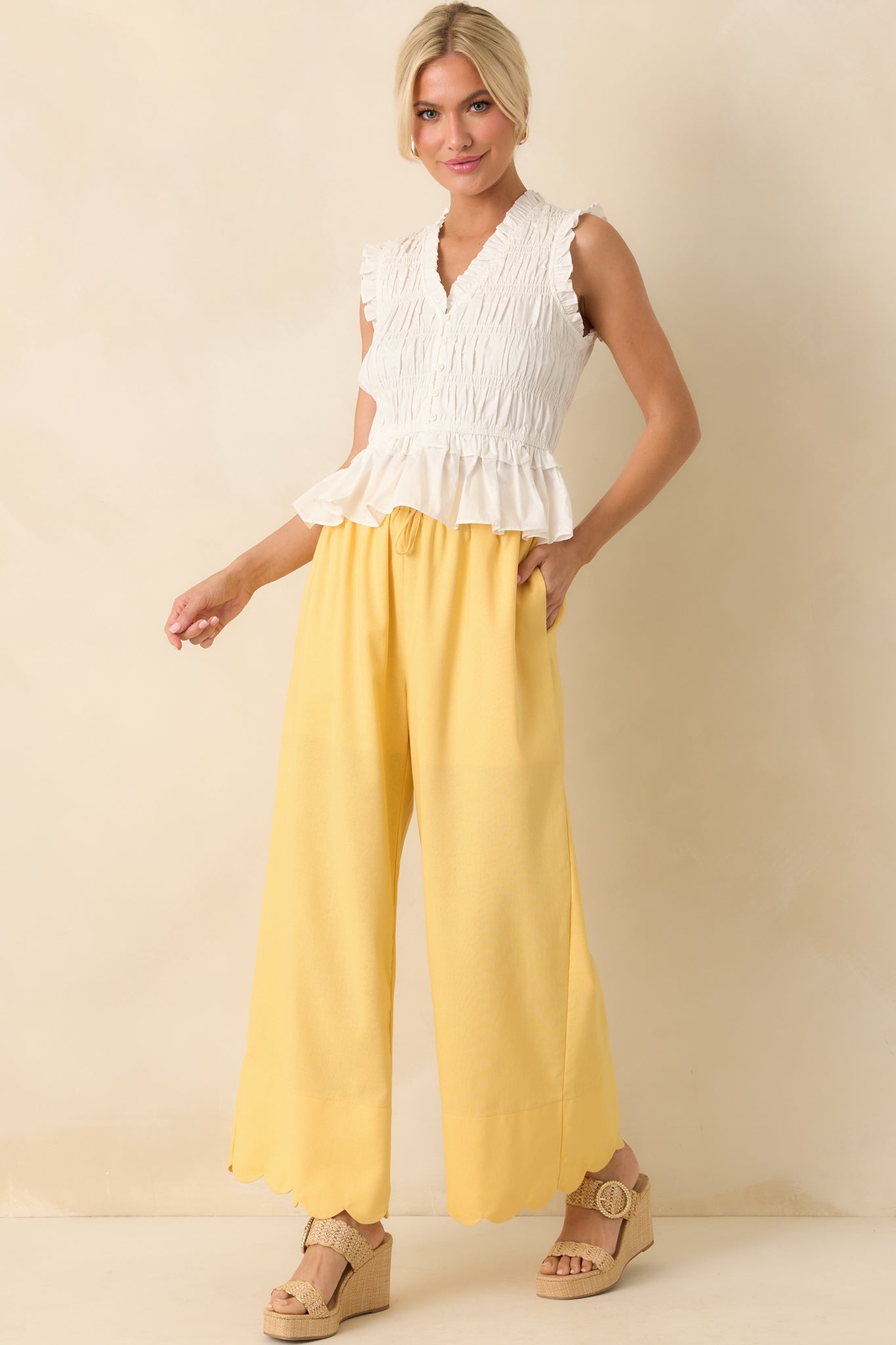 Weekend Getaway Yellow Scalloped Hem Pants