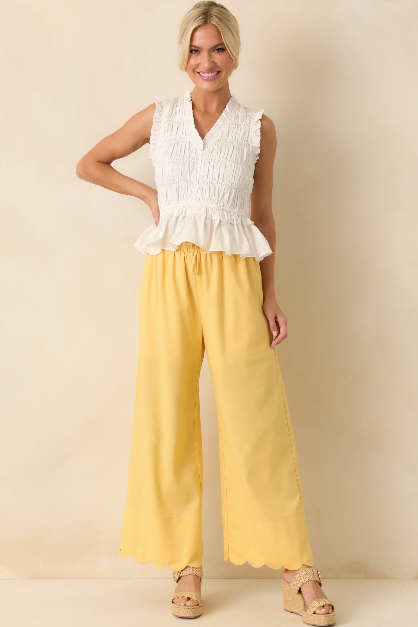 Weekend Getaway Yellow Scalloped Hem Pants