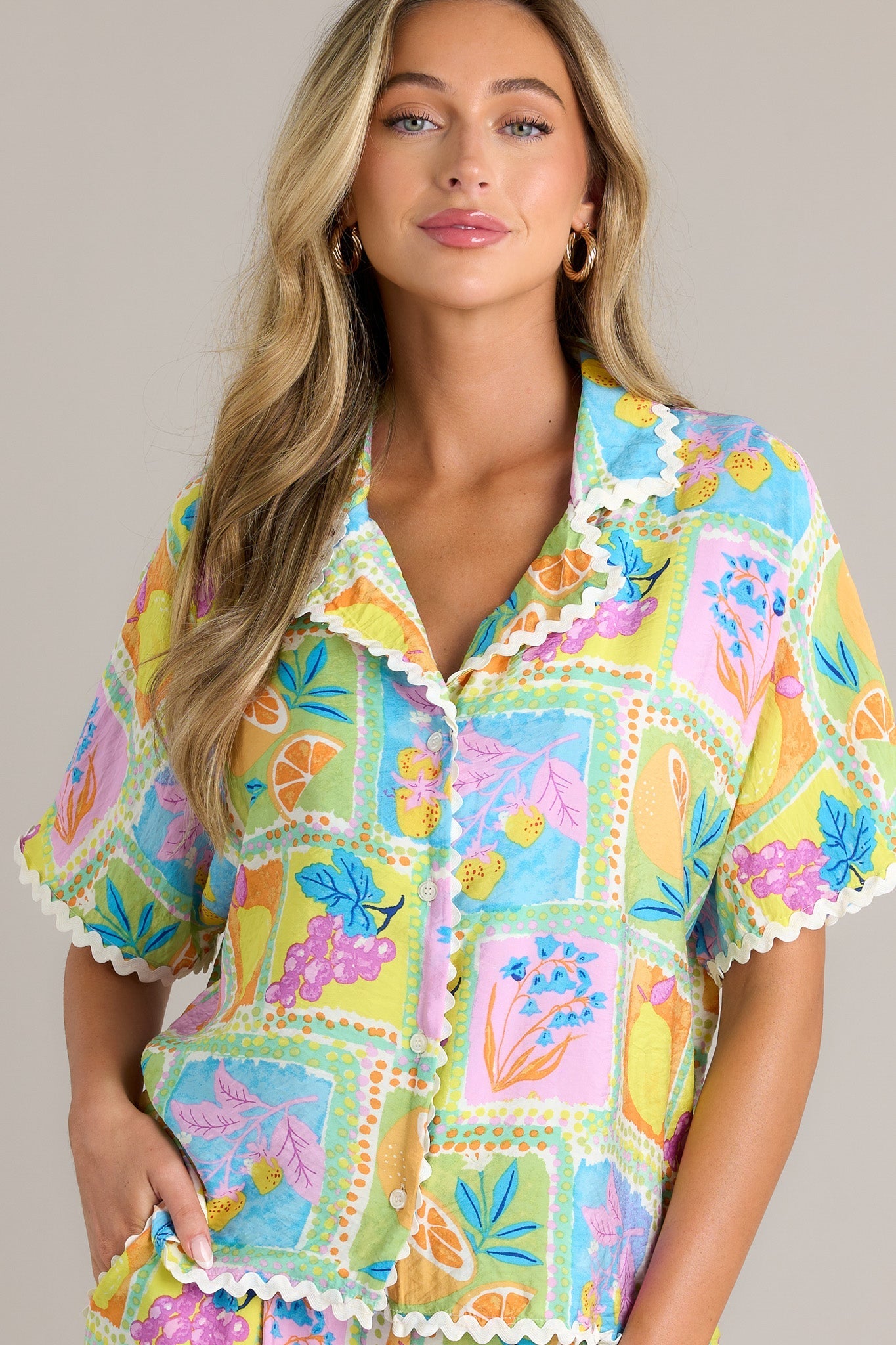 Tropic Tango Green Tropical Print Ricrac Top