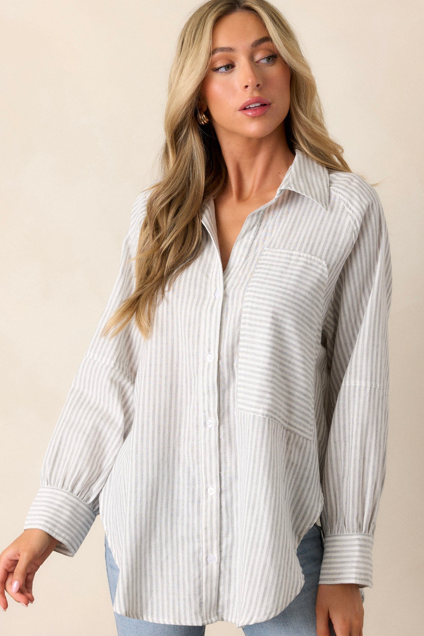 Timeless Flow Cotton Grey Button Front Top