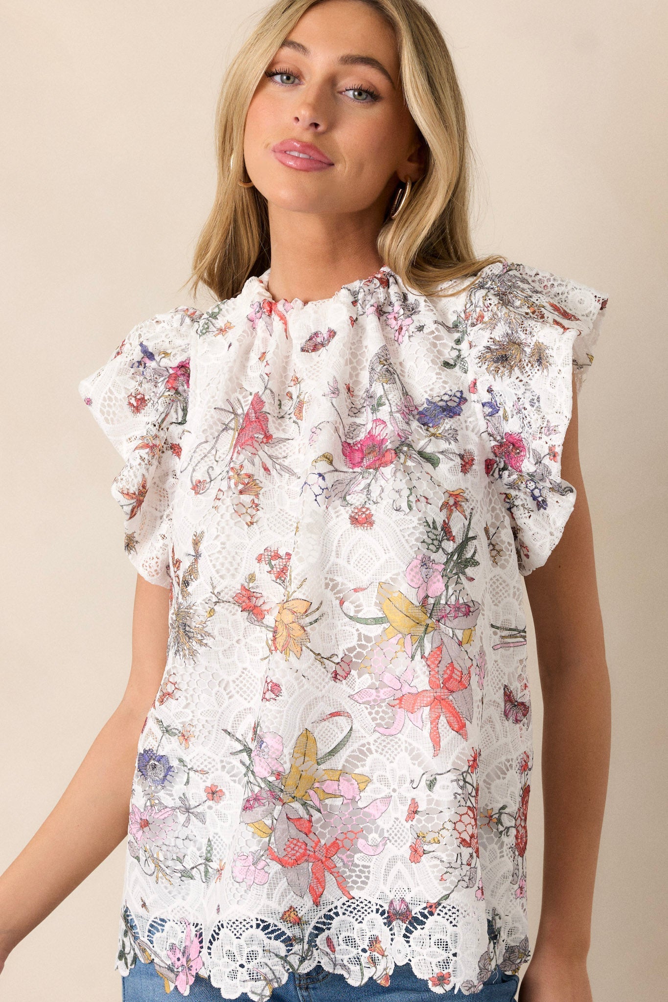 Flora Fauna White Multi Floral Lace Top