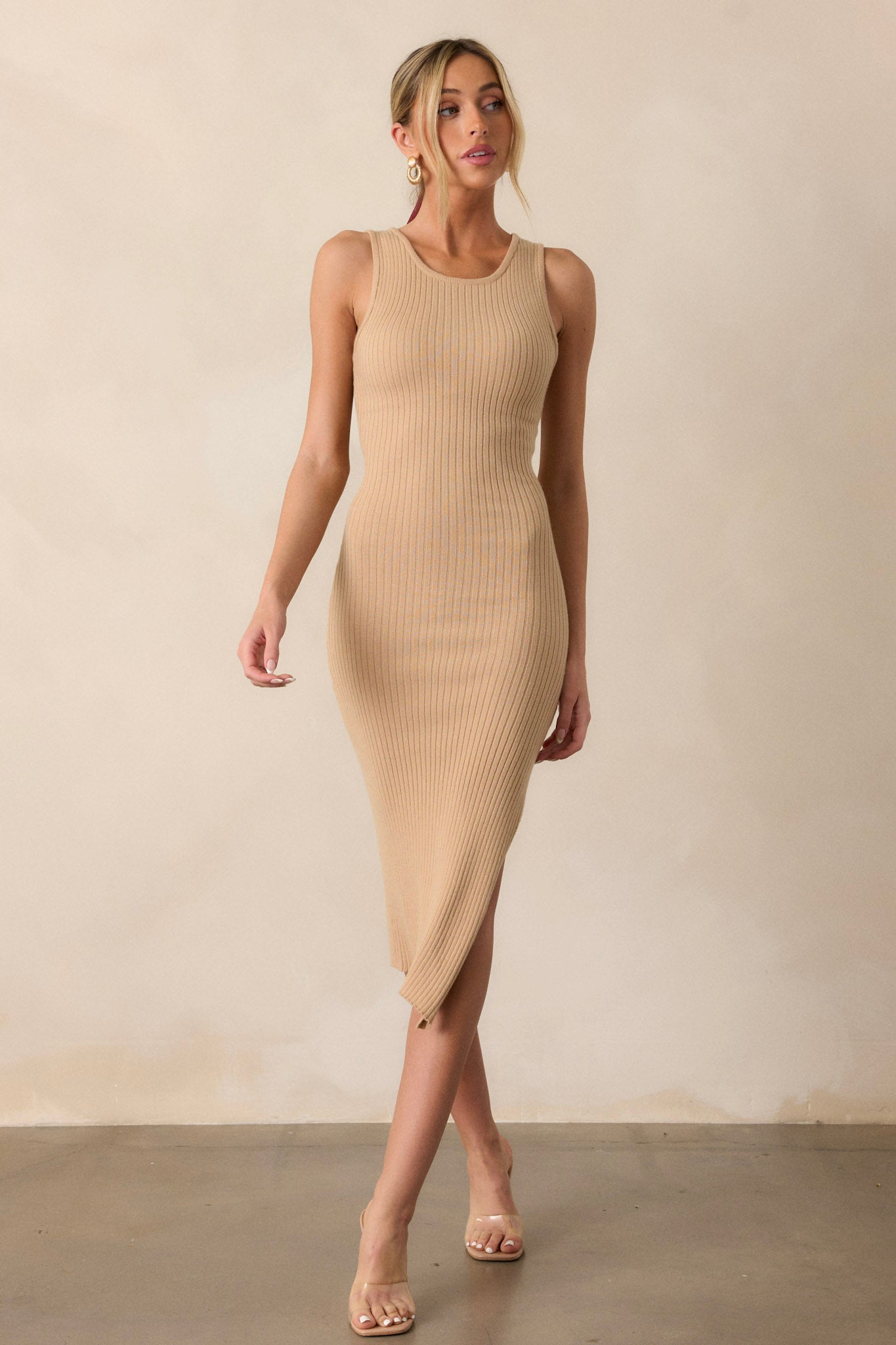 Moonlit Meadow Taupe Bodycon Midi Dress