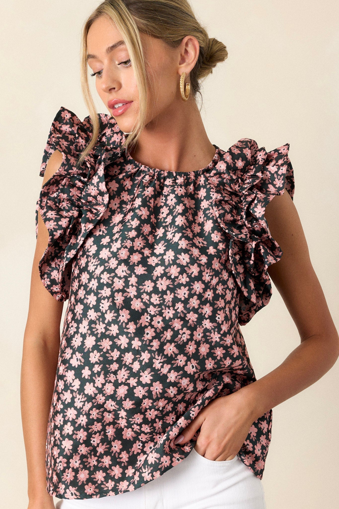Mystic Twilight Hunter Green Floral Jacquard Sleeveless Top