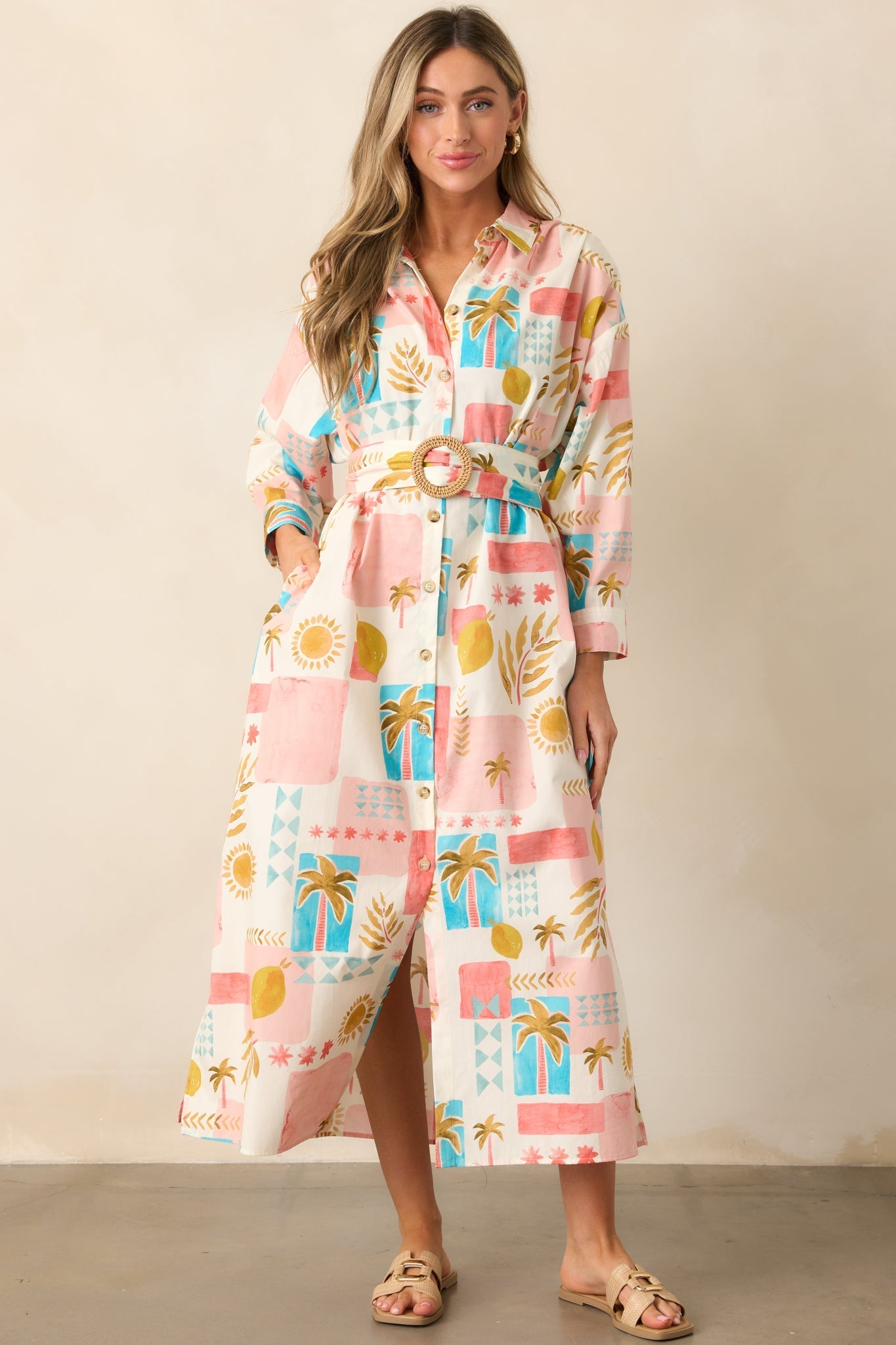 Palms & Paradise Pink Multi Tropical Print Button Front Maxi Dress