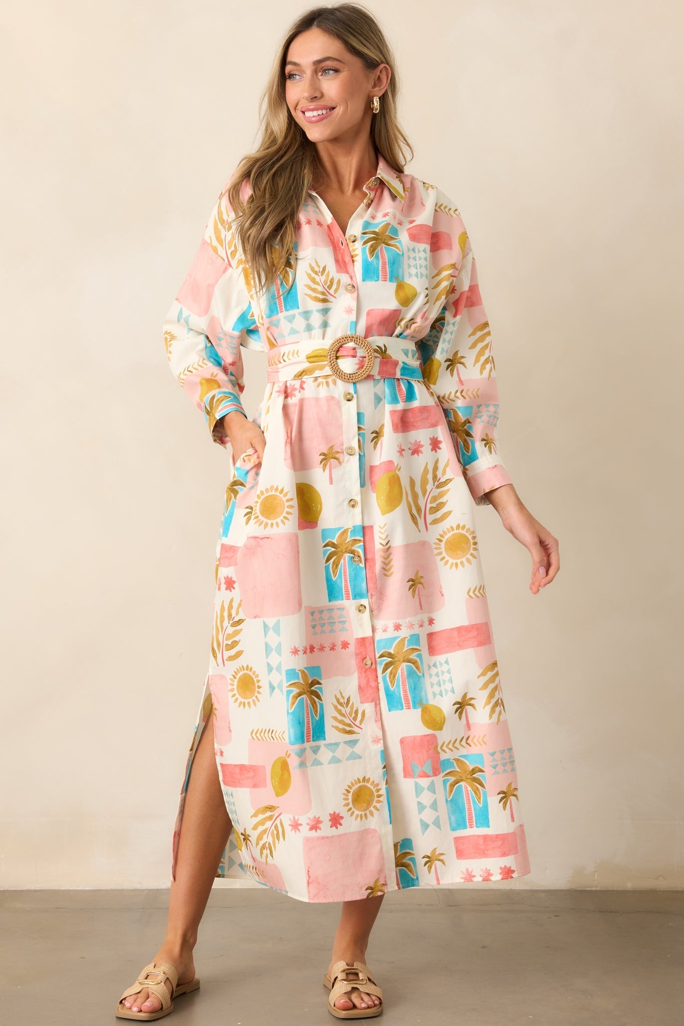 Palms & Paradise Pink Multi Tropical Print Button Front Maxi Dress