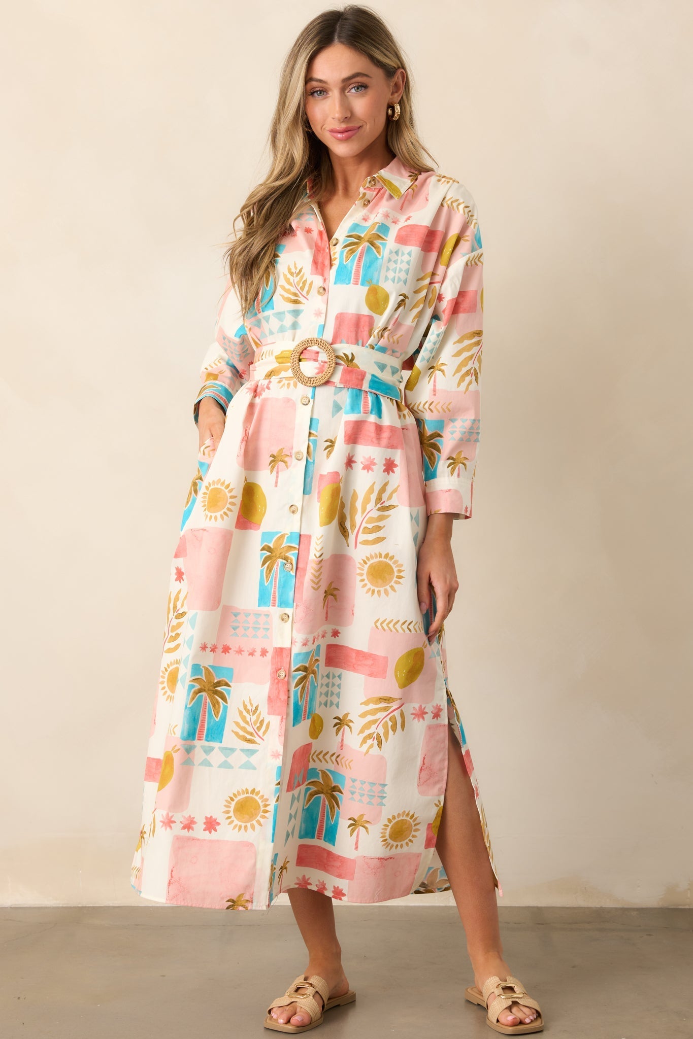 Palms & Paradise Pink Multi Tropical Print Button Front Maxi Dress