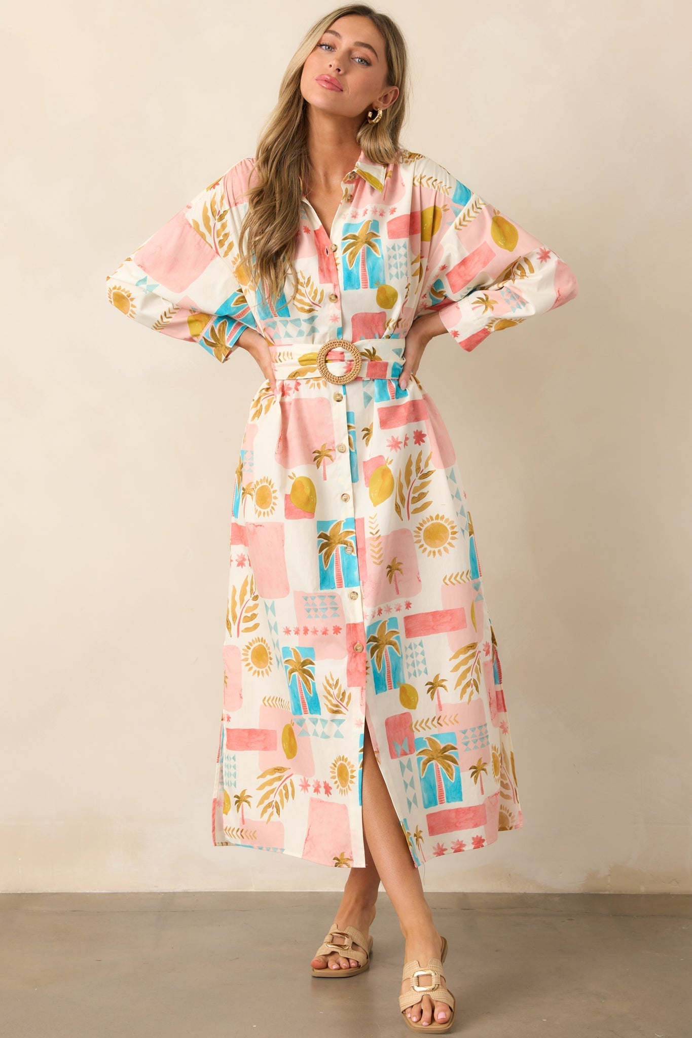 Palms & Paradise Pink Multi Tropical Print Button Front Maxi Dress
