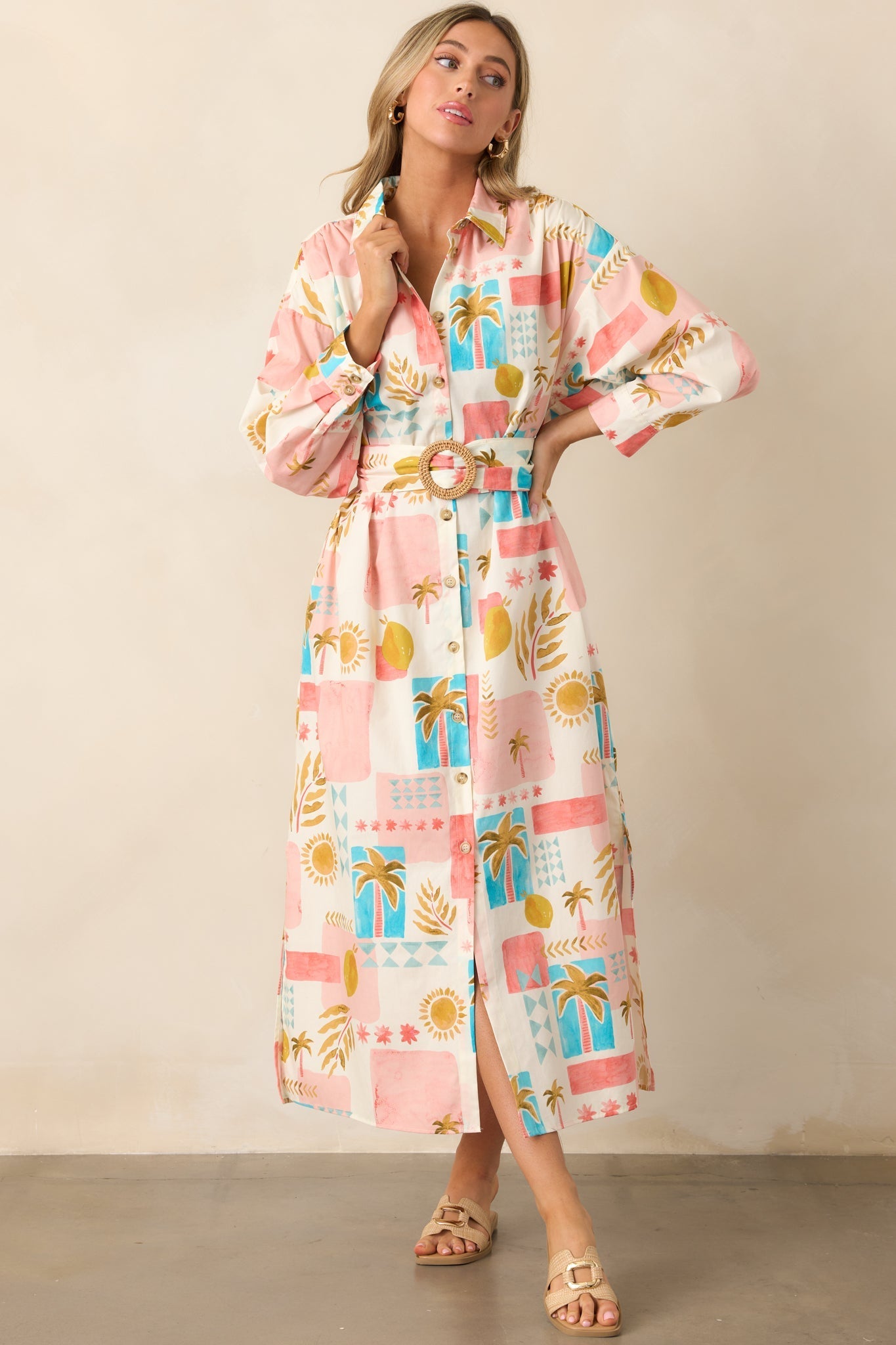 Palms & Paradise Pink Multi Tropical Print Button Front Maxi Dress