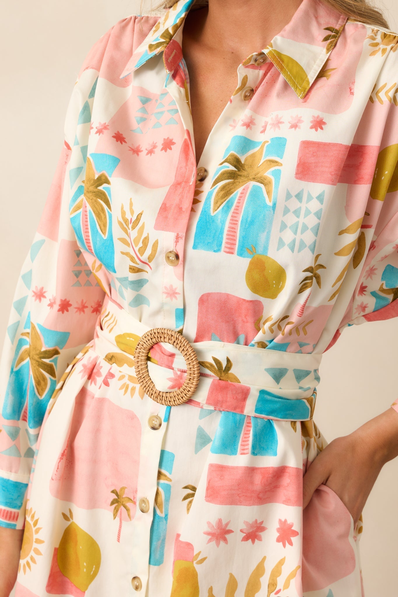 Palms & Paradise Pink Multi Tropical Print Button Front Maxi Dress