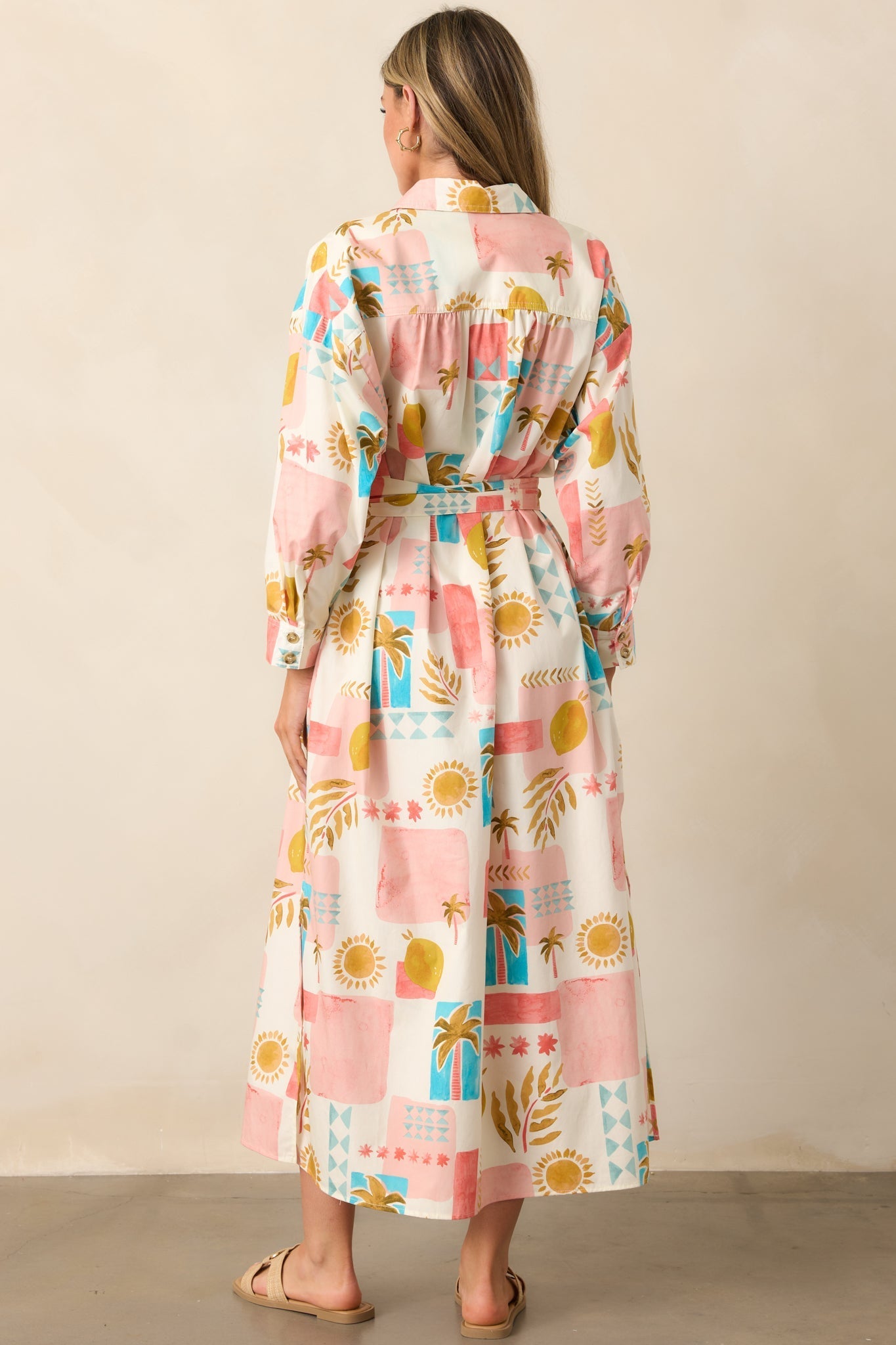 Palms & Paradise Pink Multi Tropical Print Button Front Maxi Dress